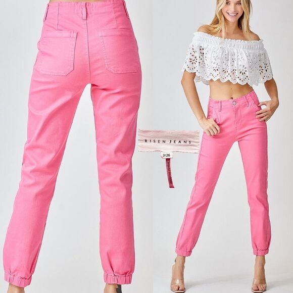 Risen Belle High Rise Hot Pink Jogger Jeans Elastic Cuffs Women’s 3/26 Trendy - Picture 1 of 15